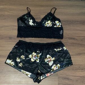 Unbranded Black Floral Print Lace Spaghetti Strap Top & Shorts Sleep Set XL